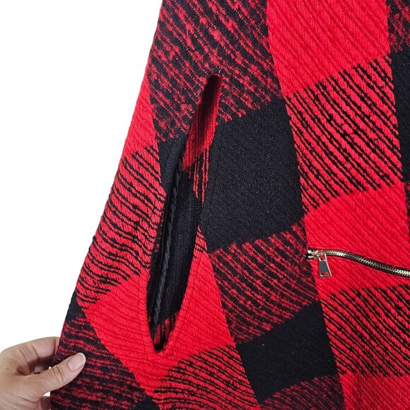 John Mark Red Buffalo Plaid Wool Cape Poncho XL Zipper Pockets Preppy Christmas - Picture 4 of 8